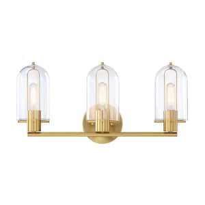 Skylar 24.5 in. 3-Light Brushed Gold Vanity Light with Clear Glass Shades for Bathrooms