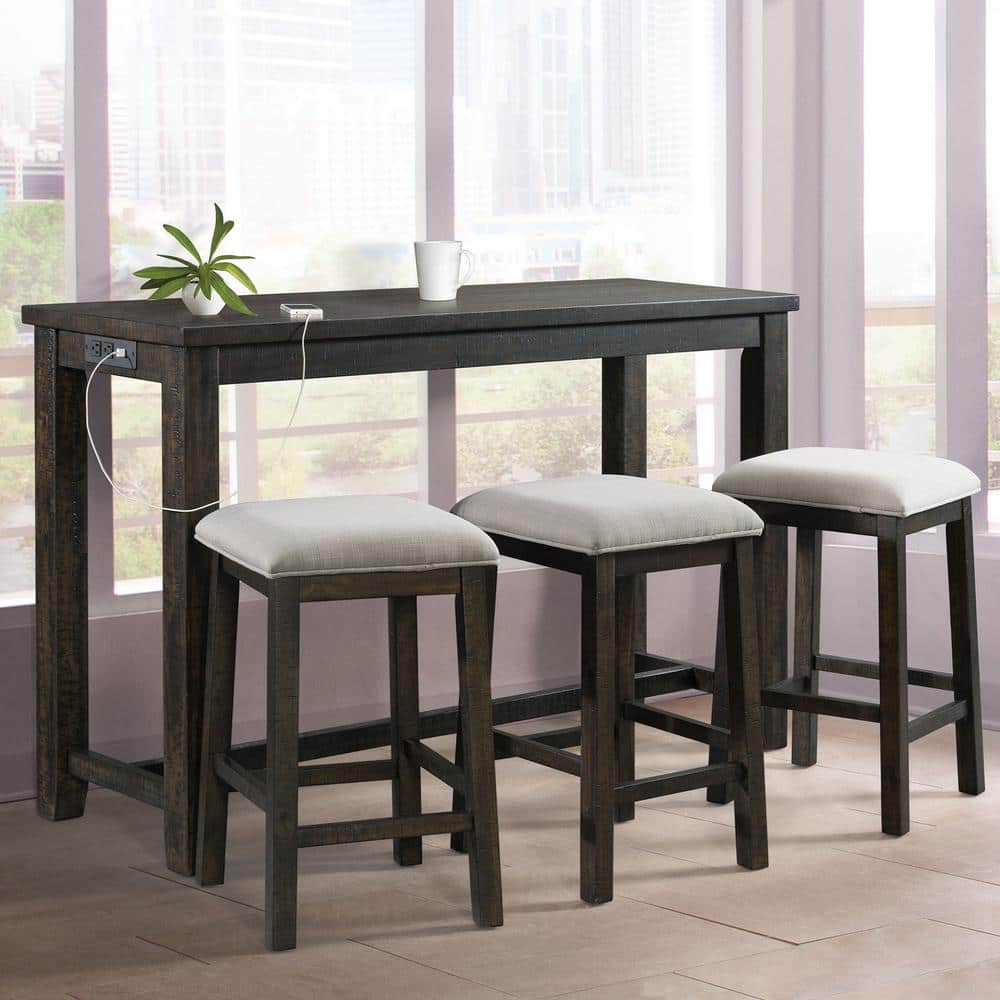 Smokey Walnut 60" Multipurpose Bar Table Set with USB & Power Strip