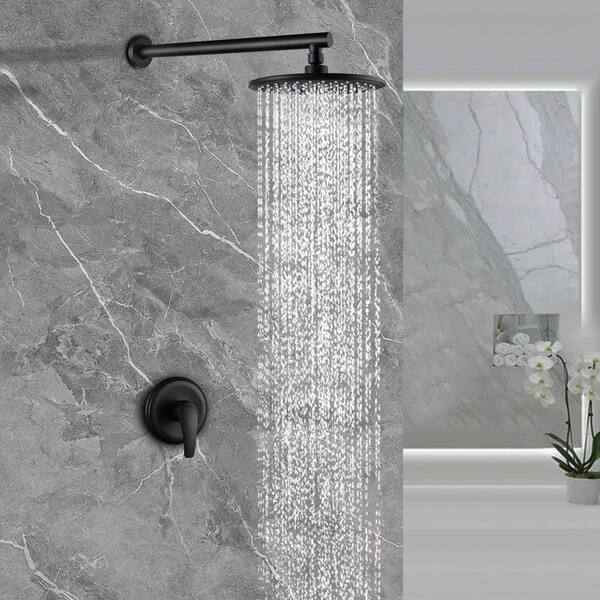 1-Spray Patterns 9 in. Wall Mount Rain Fixed Shower Head Built-in Shower System with Single Handle in Black