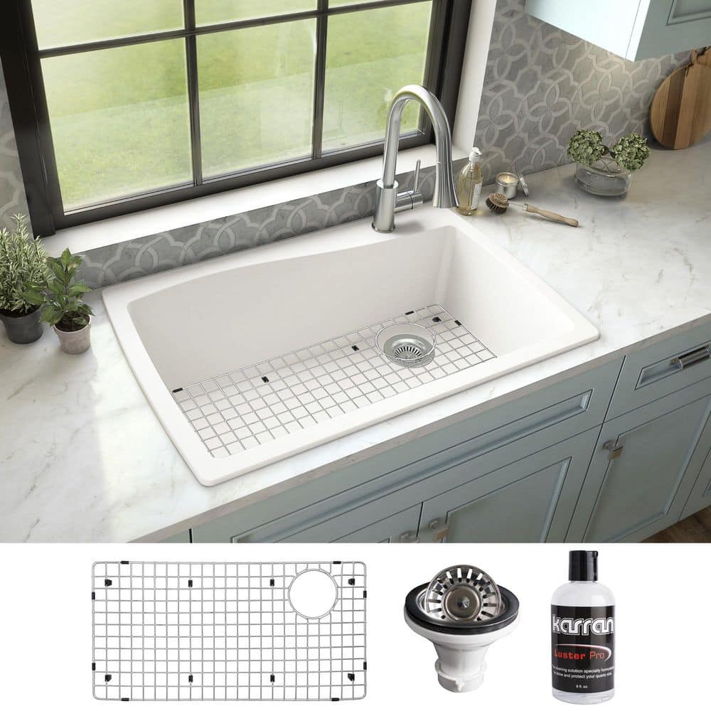 Karran White Quartz Composite 34 In Single Bowl Drop In Kitchen Sink   White Karran Drop In Kitchen Sinks Qt 722 Wh Pk1 64 1000 