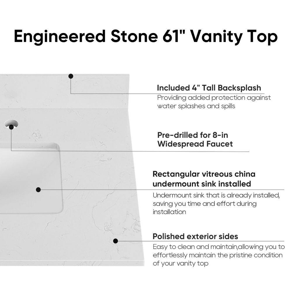 61'' White Engineered Stone Double Sink Vanity Top
