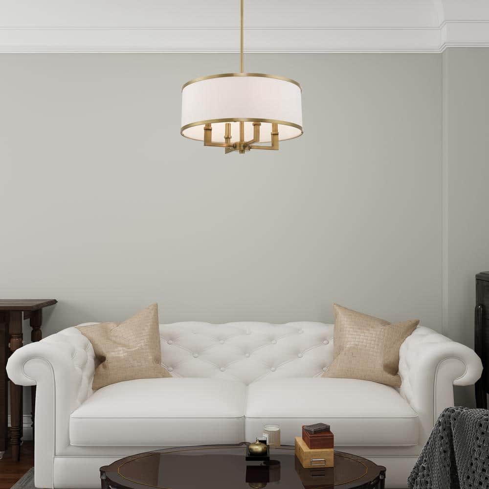 Mini Drum 4-Light Chandelier in Antique Brass with Off-White Shade