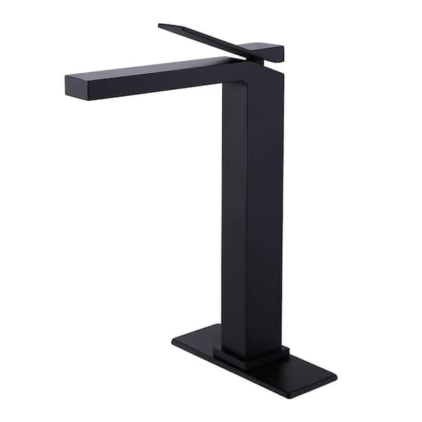 AIMADI Single Handle Bathroom Vessel Sink Faucet with Deckplate Modern 1 Hole Brass High Tall Bathroom Faucets in Matte Black