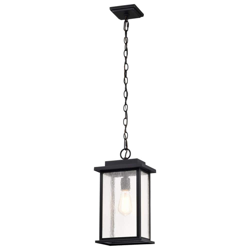 Sullivan Matte Black Clear Seeded Glass Outdoor Pendant Light