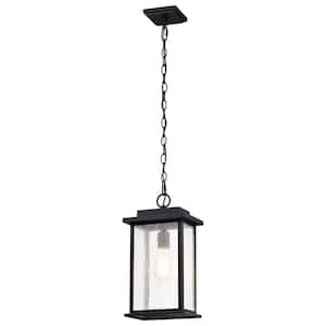 Sullivan 16.63 in. 1-Light Matte Black Dimmable Outdoor Pendant Light with Clear Seedy Glass and No Bulbs Included