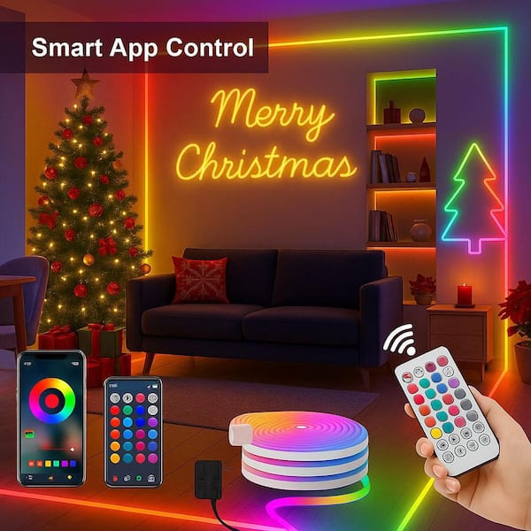 132 ft. White Integrated LED RGB Neon Rope Light Fixture, App and Remote Control, IP65 Waterproof Strip Light Fixture