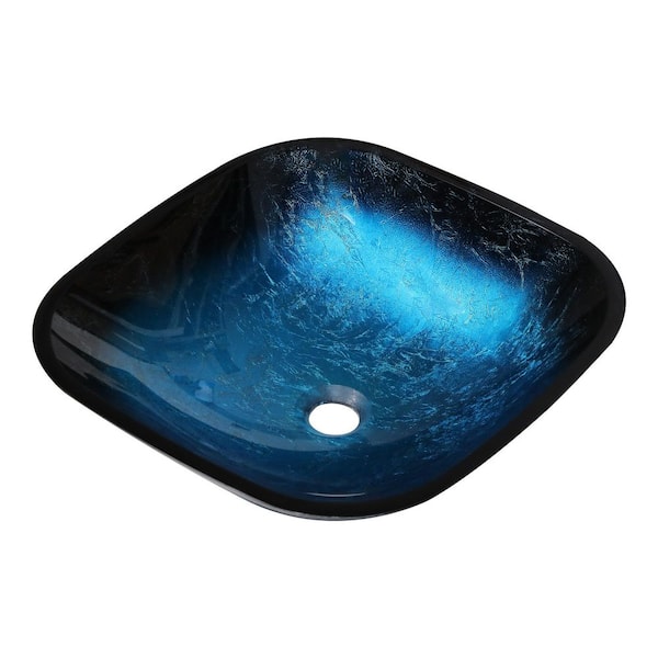 Lonuebu 17-Inch Blue Tempered Glass Vessel Sink Combo – Square Above-Counter Basin With Waterfall Faucet, Pop-Up Drain, And Installation Kit