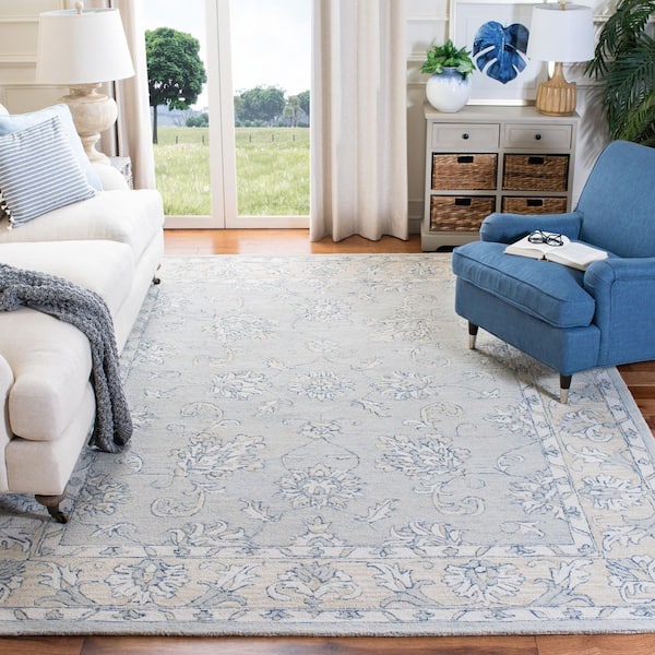 Micro-Loop Blue/Beige 9 ft. x 12 ft. Border Medallion Area Rug