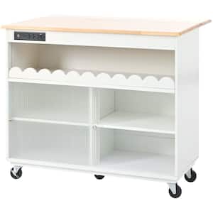 White Wood 44 in. LED Light Kitchen Island with Drop Leaf, Sliding Fluted Glass Doors and Power Outlets
