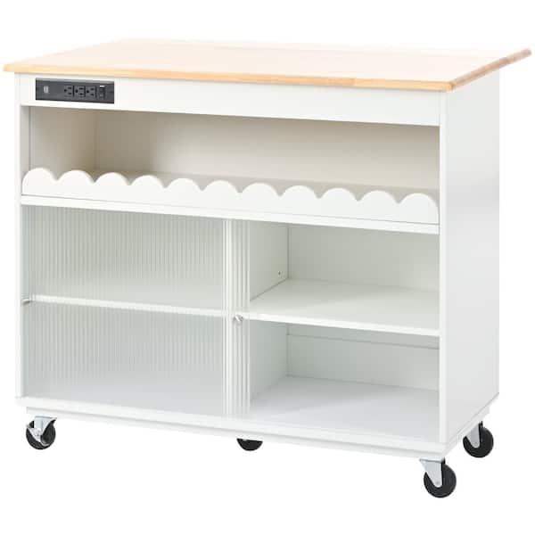 Tatahance White Wood 44 in. LED Light Kitchen Island with Drop Leaf, Sliding Fluted Glass Doors and Power Outlets