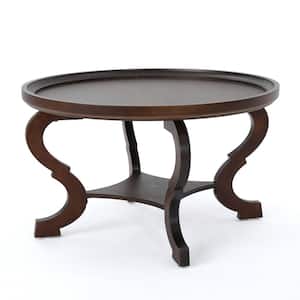 Althea 33 in. x 19.5 in. Dark Walnut Round Wood Coffee Table with Shelves
