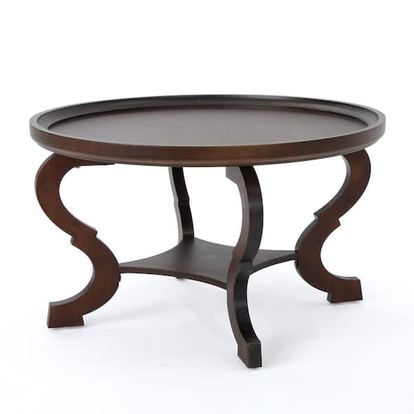 Noble House Althea 33 in. x 19.5 in. Dark Walnut Round Wood Coffee Table with Shelves