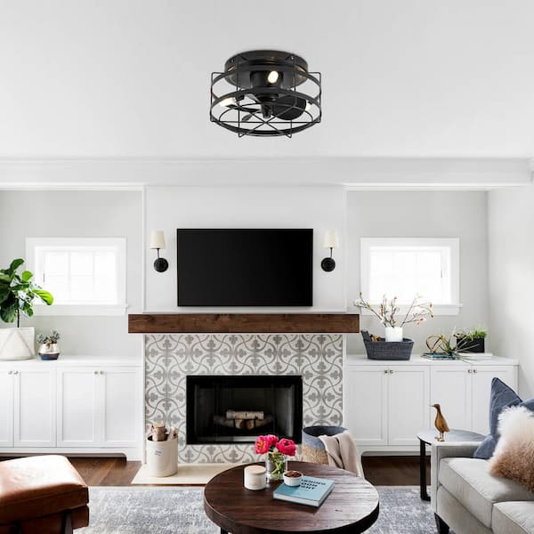 12.5 in. Indoor Black Flush Mount Cage Ceiling Fan with Reversible Motor and Remote, Light Bulbs Included