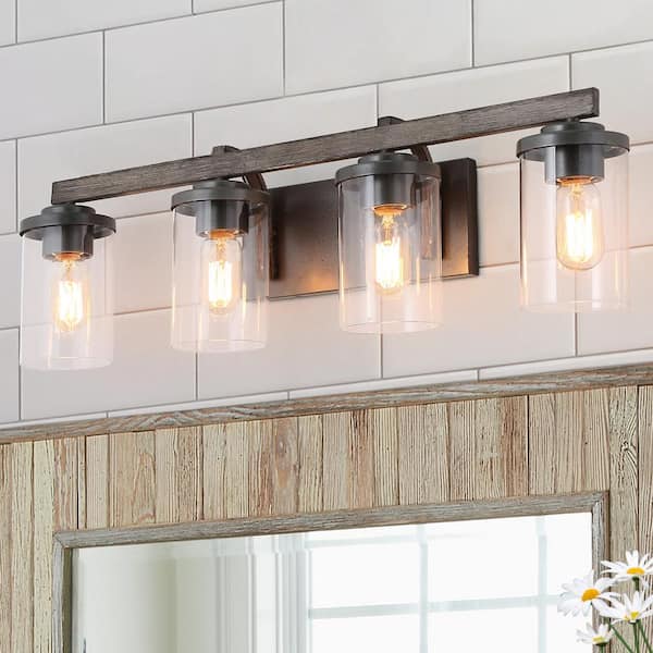 LNC Birddlewood 28 in. 4-Light Rust Gray Bathroom Vanity Light with Wood Accents and Clear Glass Shades