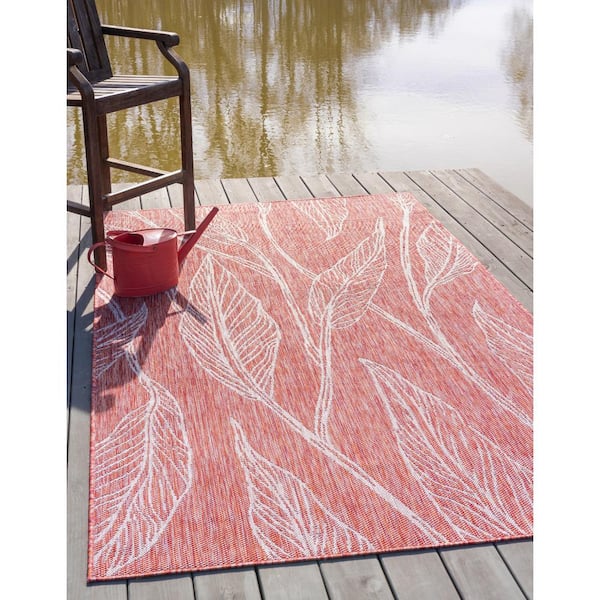 Outdoor Leaf Rust Red 9 ft. x 12 ft. Area Rug