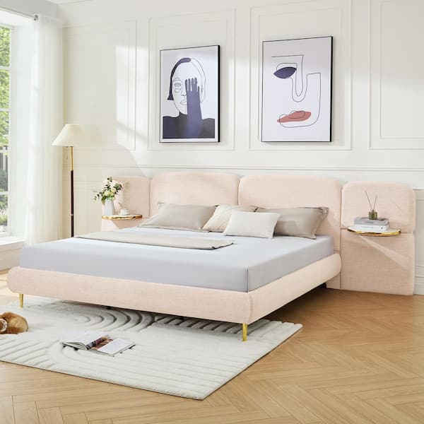 CHRISTOPHER KNIGHT HOME Luna Modern Beige Wood Frame King Size Upholstered Platform Bed with Block-Shaped Headborad, 2 Side Panel Nightstands