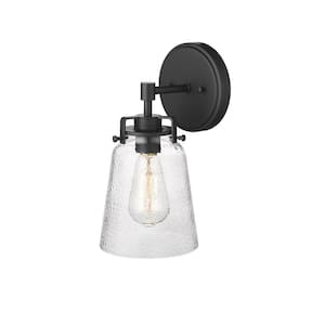 Amberose 5.98 in. 1-Light Matte Black Wall Sconce with Clear Hammered Glass Shade