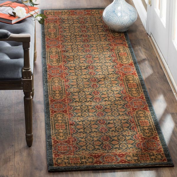 Mahal 2 ft. x 10 ft. Light Blue/Red Distressed Ornate Runner Rug