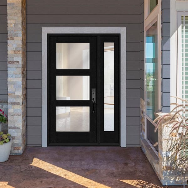 Regency 51 in. x 80 in. Modern 3-Lite Equal Clear Glass RHIS Onyx Stain Mahogany Fiberglass Prehung Front Door 12 in. SL
