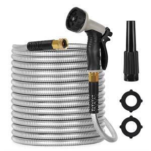 Fitting Size 3/4 in. Dia x 100 ft. Stainless Steel Heavy Duty Garden Hose with 2 Nozzles 12 Water Modes