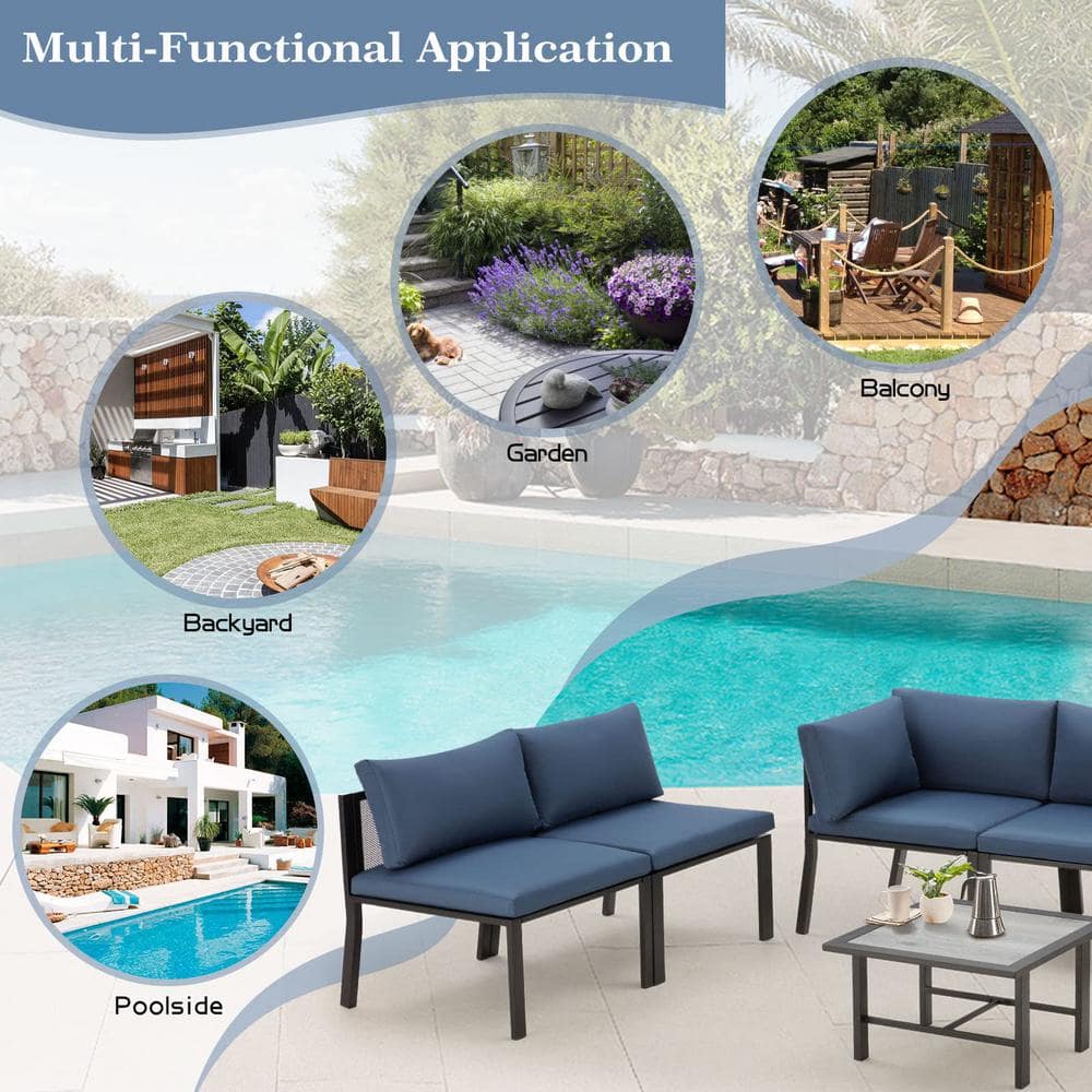 7-Piece Blue Cushioned Iron Patio Sectional Set
