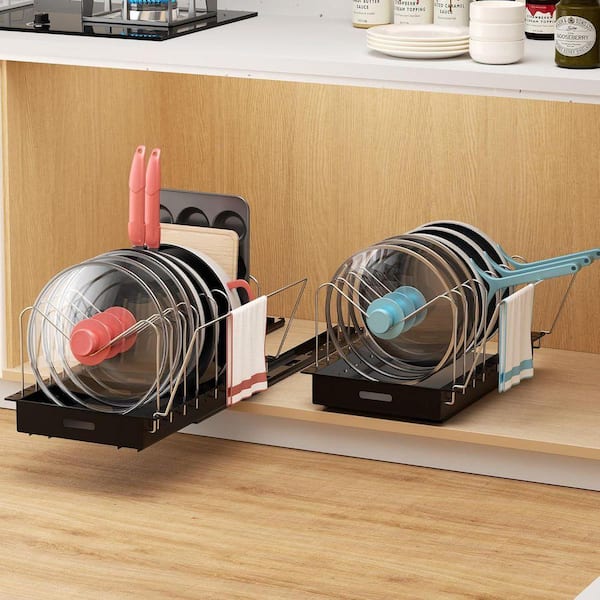 Black Slide-Out Pots and Pans Organizer Drawer Organizer with Adjustable Dividers Handle Bracket 2 Pack