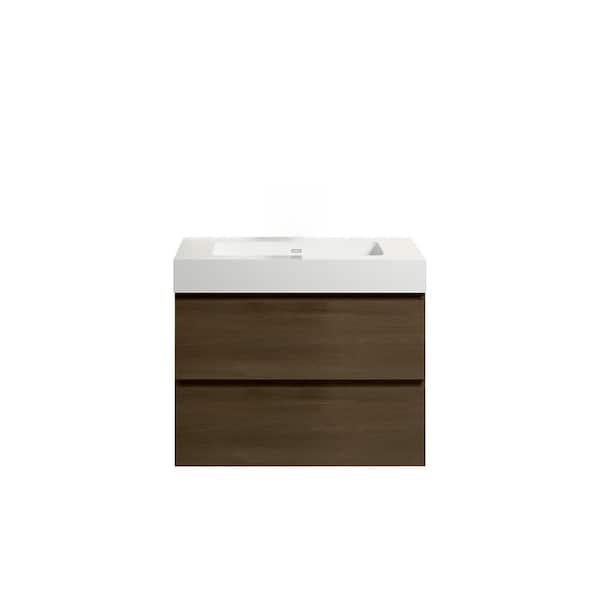 Aoibox 30 in. W x 18.1 in. D x 25.2 in. H Wall Mounted Floating Bathroom Vanity in Dark Oak with White Top Single Sink