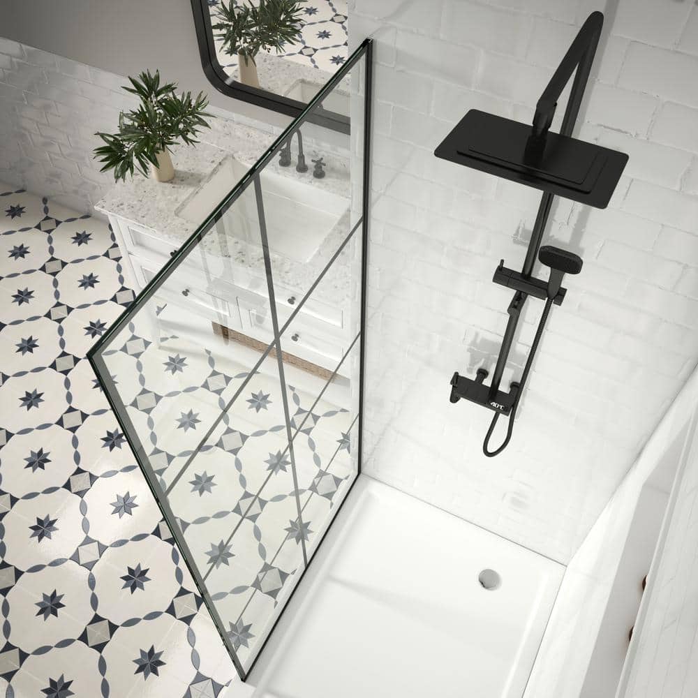 30" Matte Black Frameless Fixed Shower Door with Clear Glass