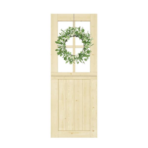 32 in. x 80 in.Solid Pine Universal 4-Lite Clear Glass Dutch Door with Eucalyptus Wreath Unfinished Wood Front Door Slab