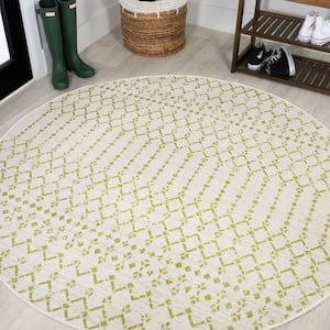 Ourika Moroccan Geometric Textured Weave Cream/Green 5 ft. Round Indoor/Outdoor Area Rug