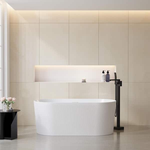 ANGELES HOME 59 in. Modern Acrylic Soaking Bathtub in Glossy White Overflow and Pop Up Drain