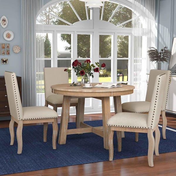 Polibi 5-Piece Farmhouse Natural Extendable Wood Wash Wood Top Dining Room Set Seats 4