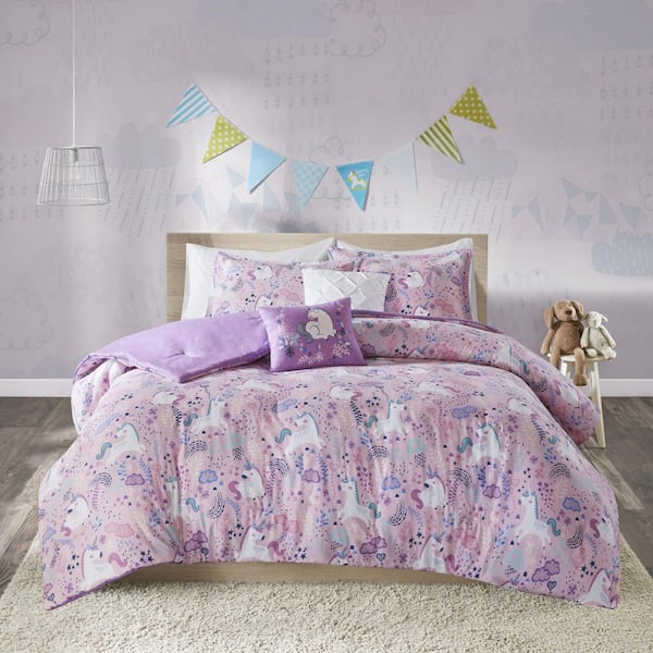 Ella 4-Piece Pink 100% Cotton Twin Unicorn Kids Comforter Set