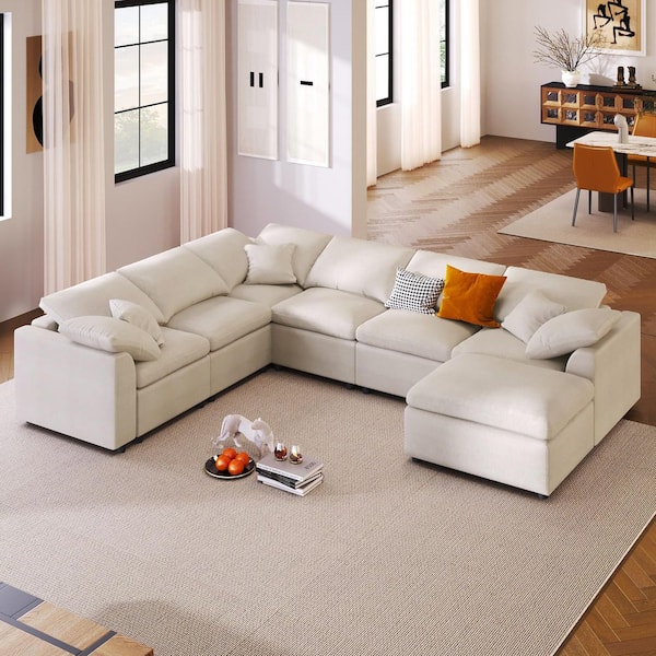 120.86 in. Chenille Modular Sectional Sofa with L-Shape Design and Movable Ottoman in Beige