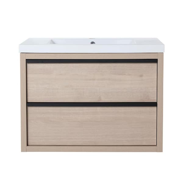 Unbranded 30 in. W x 18 in. D x 22 in. H Floating Bath Vanity in Plain Light Oak with Soft Close Drawers and White Resin Top
