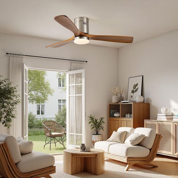 52 in. Indoor Nickle Farmhouse Flush Mount LED Ceiling Fan with Light and Remote Fandelier for Living Room 3-Wood Blades
