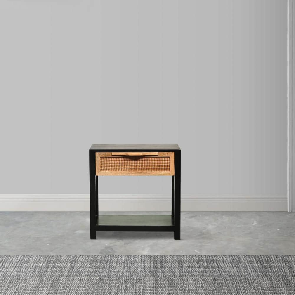 Tia 22 Inch Black Pine Wood Side Table with Rattan Drawer