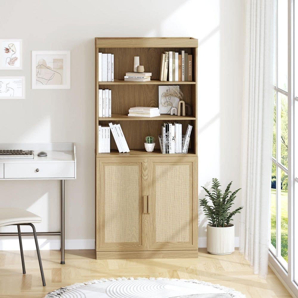 Dovelina 67 in. Tall Natural Rattan Wood 5-Shelf Accent Bookcase