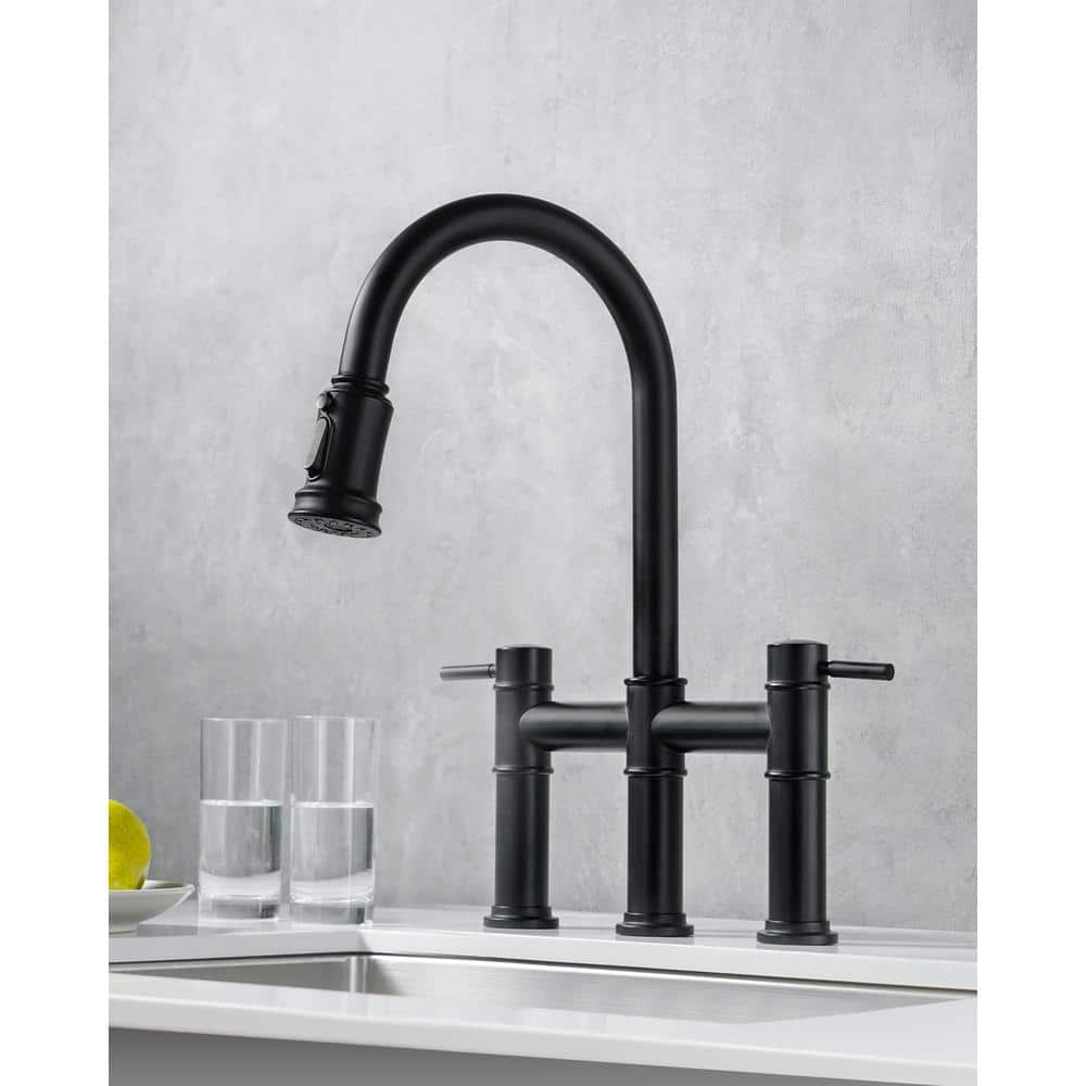 Matte Black Double Handle Bridge Kitchen Faucet with Pull-Out Spray