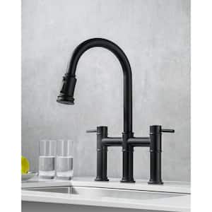 3 Holes Double Handle Bridge Kitchen Faucet with Pull Down Sprayer and Supply Lines in Matte Black
