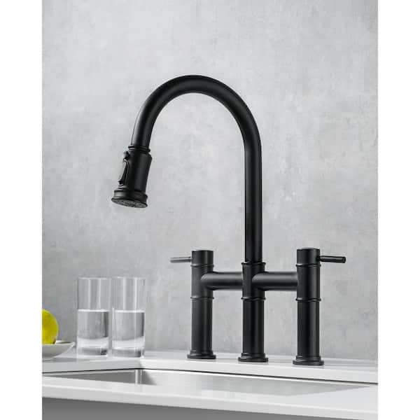 3-Hole 8 in. Double Handle Brass Bridge Kitchen Faucet with 3-Mode Pull Down Sprayer and Supply Lines in Matte Black