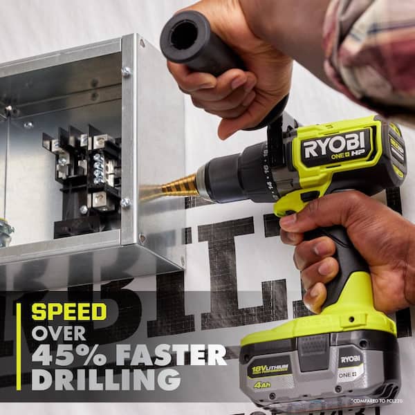 RYOBI - ONE+ HP 18V Brushless Cordless 1/2 in. Hammer Drill Kit 4.0 Ah HIGH PERFORMANCE Battery, Charger, and Bag