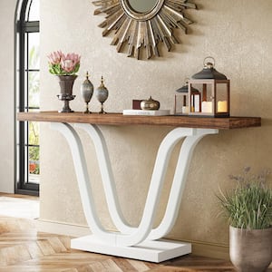 Terrella 55.11 in. Brown and White Rectangle Wood Console Table Sturdy U-Shaped Leg