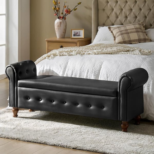 JAYDEN CREATION Sandra Black 63 in. W Upholstered Storage Bedroom Bench with Solid Wood Legs