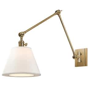 Woodcliff 10 in. Aged Brass Vertical Swivel Wall Sconce with White Linen Shade