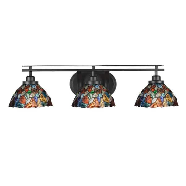 Unbranded Monroe 29.75 in. 3-Light Matte Black Vanity Light 7 in. Blue Mosaic Art Glass Shade No Blubs Included