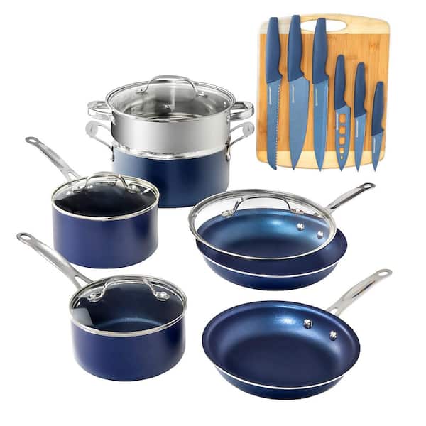 Granite Stone Diamond Classic Blue 17-Piece Aluminum Ultra-Durable Nonstick Diamond Infused Knives and Cookware Set with Cutting Board