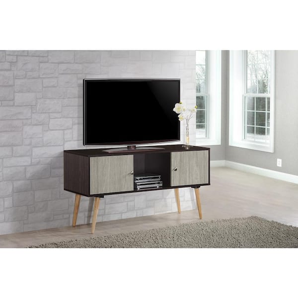 HODEDAH 47 in. Chocolate and Grey Oak Wood TV Stand Fits TVs Up to 60 in. with Storage Doors