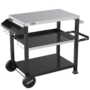 32 in. Pizza Oven Grill Cart, Stainless Steel Prep Table with Wheels, Heavy Duty 3-Tier BBQ Cart for Patio