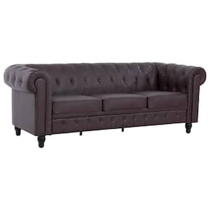 88.58 in. W Round Arm Faux Leather Chesterfield Sofa Tufted 3 Seat Cushions Sofa in Espresso Brown Air Leather